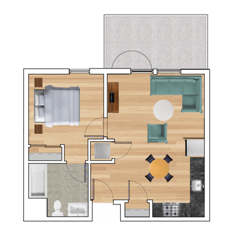 Floor plan for 1 bed, 1 bath, 670 sqft